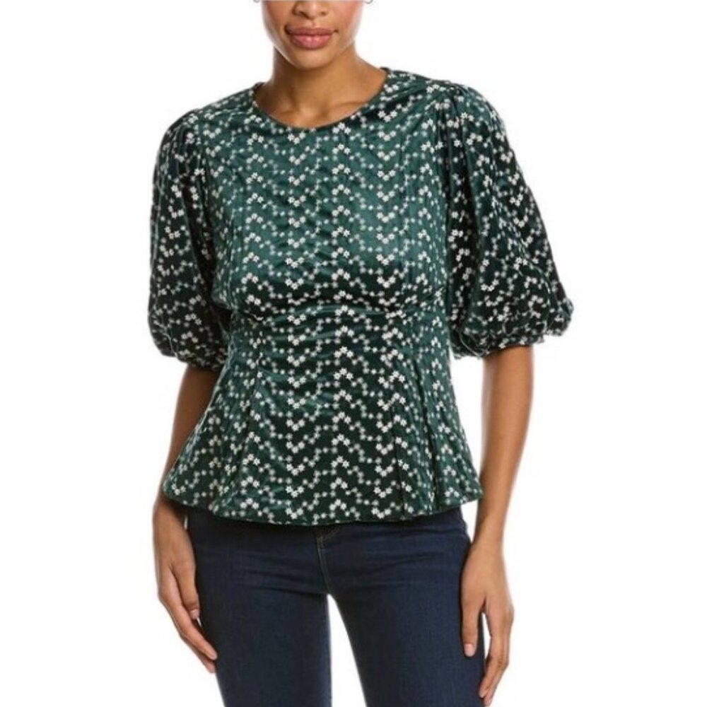 Gracia Green Floral Puff-Sleeve Peplum Blouse